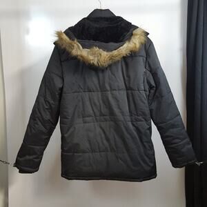 WenVen Mens L Parka Coat Black Faux Fur Lined Parka Detachable Hood Jacket